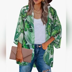 Tropical Green Leaf Print Kimono Cover-Up Size Medium